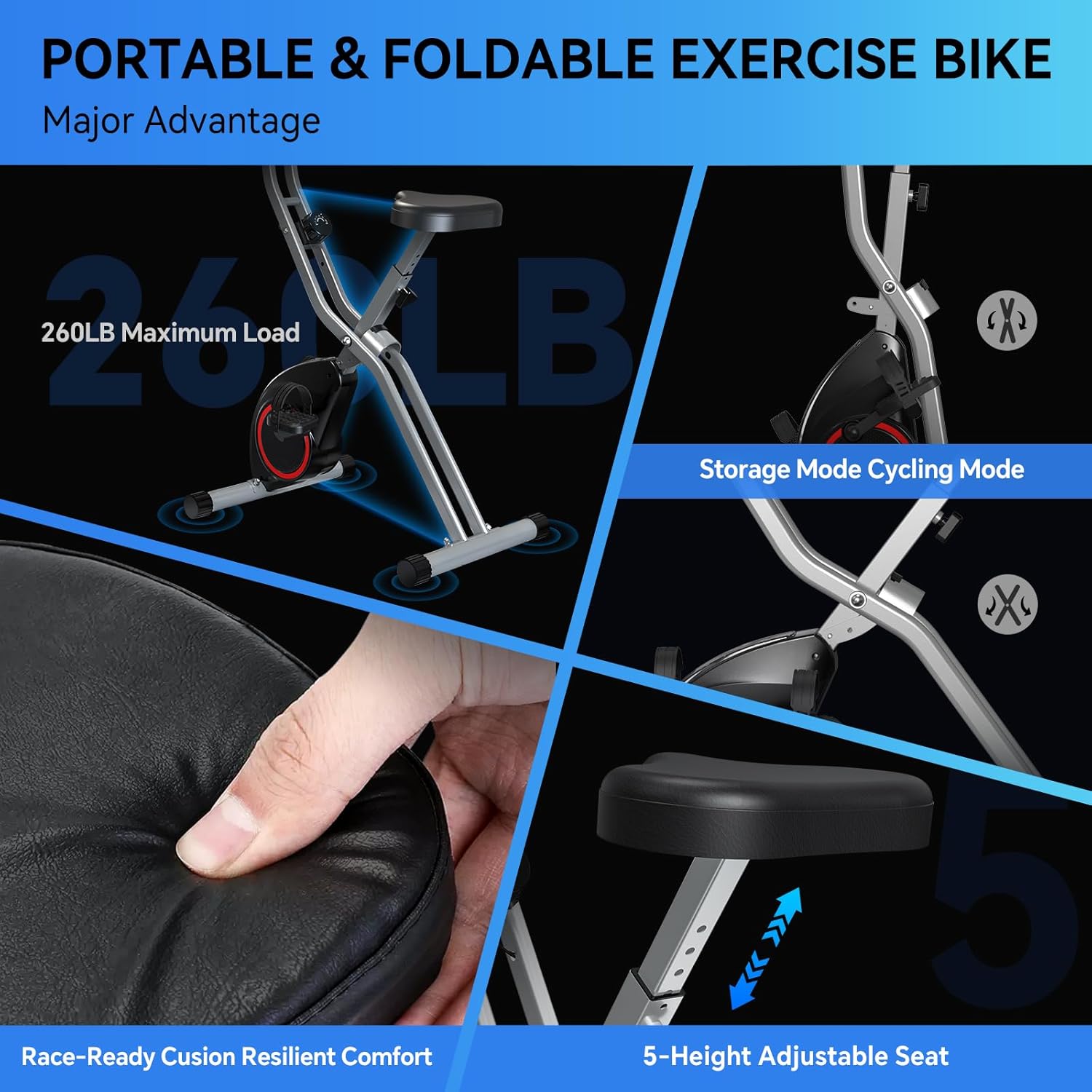 Lightweight 33LB Foldable Exercise Bike for Small Apartments, Stationary Bikes for Home Workout, Indoor Portable Cycling Bike with 16-Level Magnetic Resistance, 260LBS Capacity, 5.5 LBS Flywheel - Image 3
