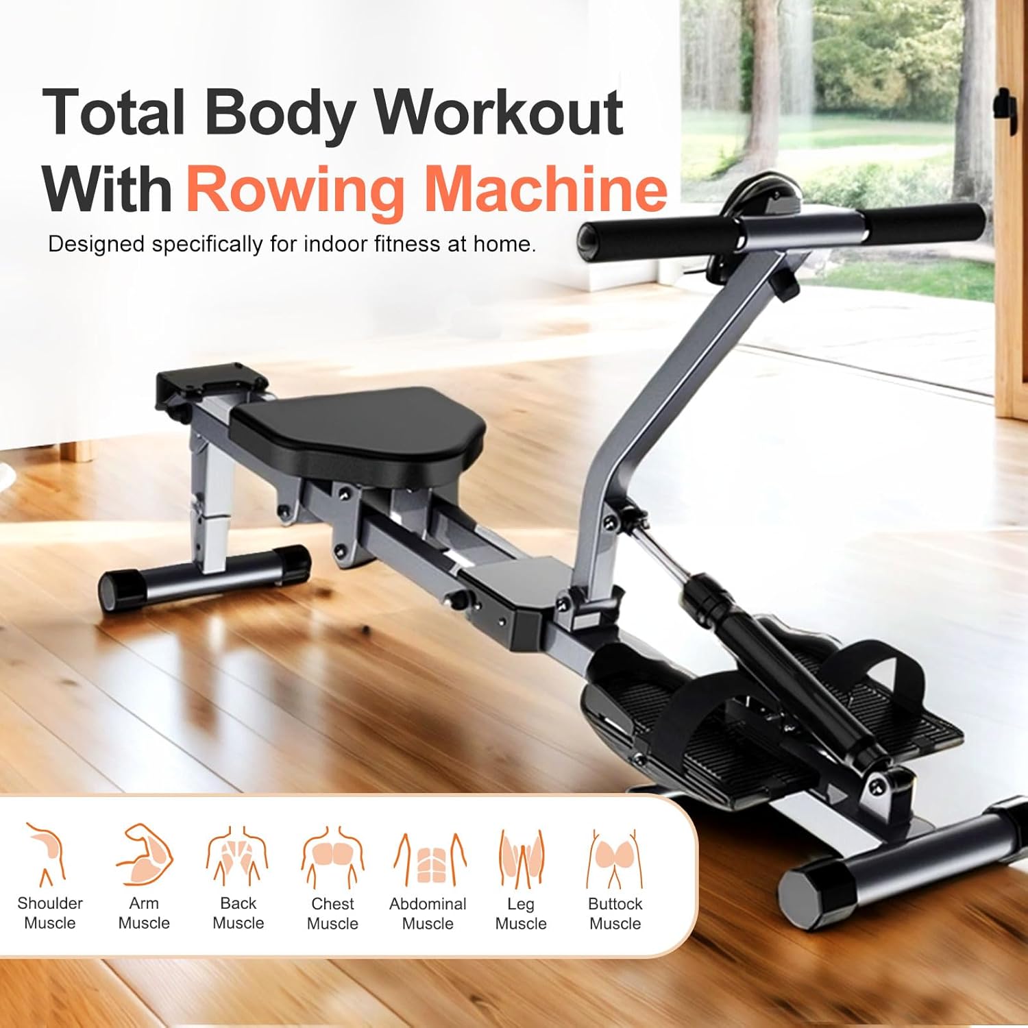 Home Folding Rowing Machine,Hydraulic Rowing Machine,Dual Tracks for Quieter,300LBS Weight Capacity with 12 Levels of Adjustable Resistance,LCD Display for Real-time Recording for Indoor Fitness - Image 2
