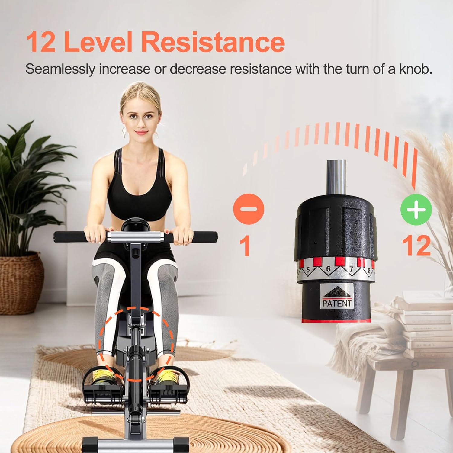 Home Folding Rowing Machine,Hydraulic Rowing Machine,Dual Tracks for Quieter,300LBS Weight Capacity with 12 Levels of Adjustable Resistance,LCD Display for Real-time Recording for Indoor Fitness - Image 6
