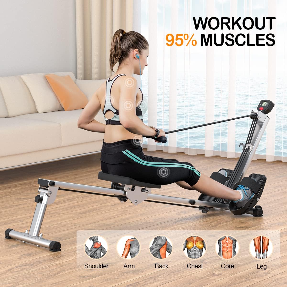 Upgraded Version Rowing Machine for Home Use, Rowing Machine Foldable Rower with Adjustable Resistance, Hyper-Quiet Rower Machine Supports 300LBS - Image 2