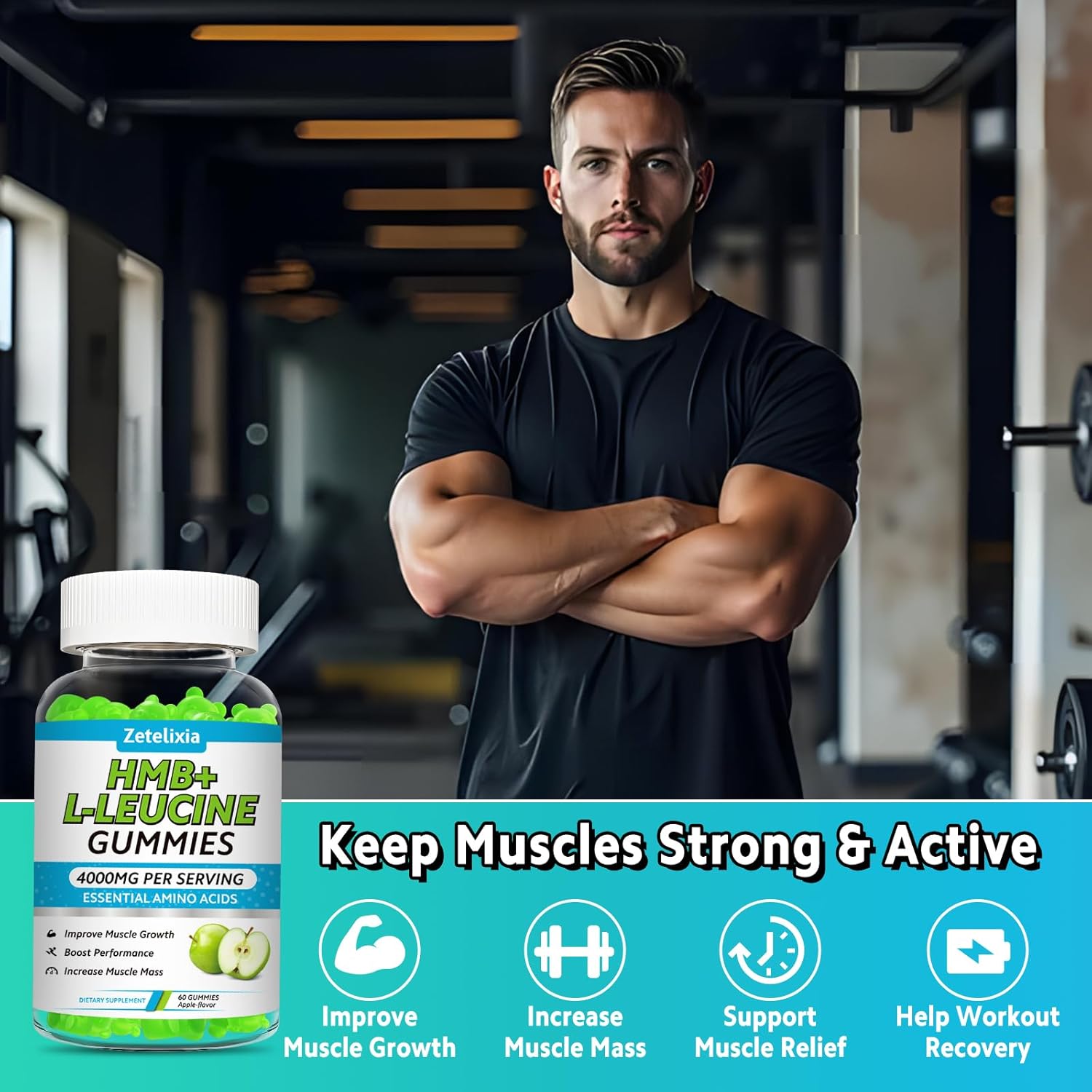 HMB and L-Leucine Gummies, 4000mg HMB and Leucine Supplements Amino Acid Gummies for Men & Women, Support Muscle Growth, Muscle Relief and Workout Recovery, Sugar-Free, Vegan, Apple Flavor, 120 Count - Image 2