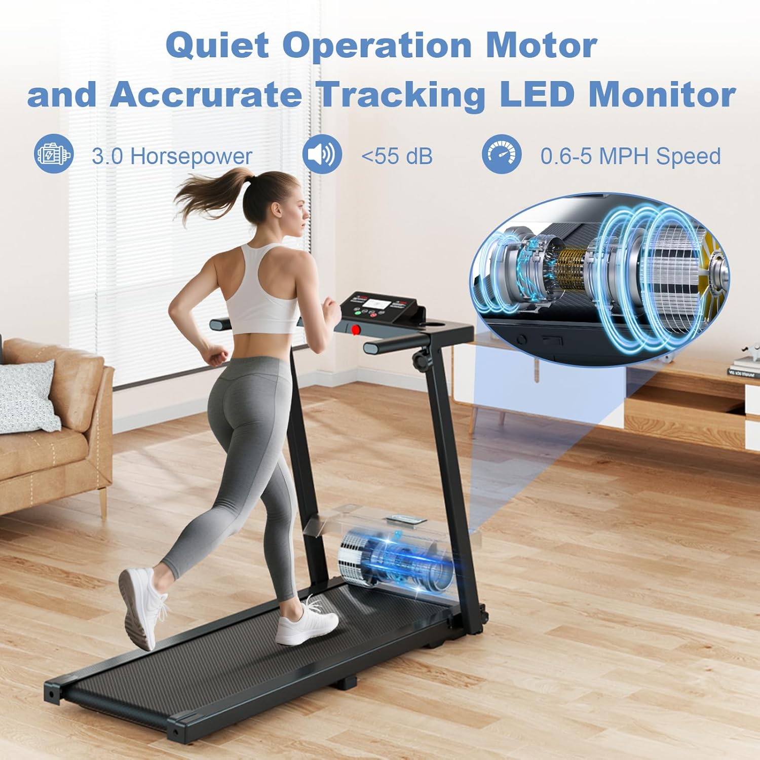 Juturna Treadmills for Home, Portable Foldable Treadmill, Walking Pad with Handle Bar, 3.0 HP Walking Pad with 300 LBS Capacity, Folding Treadmill with LED Display - Image 2