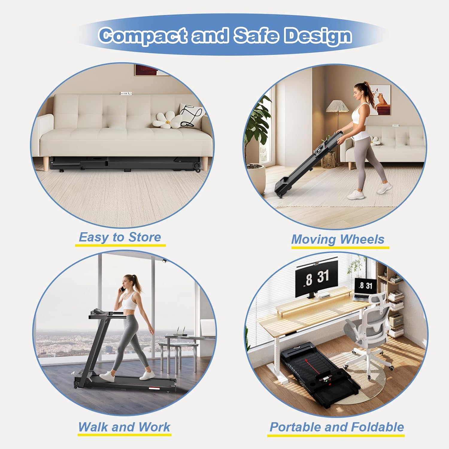 Juturna Treadmills for Home, Portable Foldable Treadmill, Walking Pad with Handle Bar, 3.0 HP Walking Pad with 300 LBS Capacity, Folding Treadmill with LED Display - Image 3