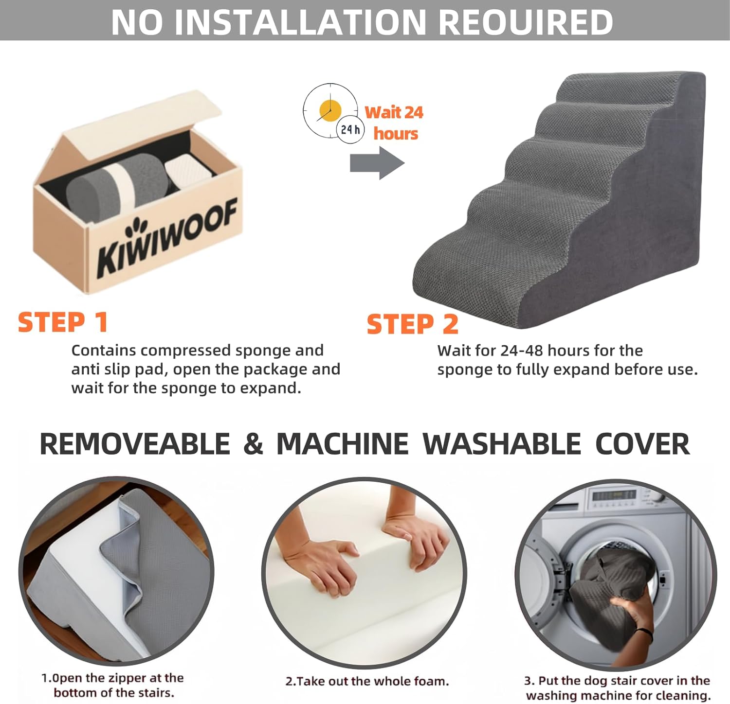 5 Step Pet Stairs Ramp for High Beds Sofas 5-30 Inch with Sturdy Non Slip Waterproof Pads, Machine Washable Cover Indoor Balanced Design for Cats Dogs Small Medium Large XL Pets Grey (Grey, Large, 1) - Image 3