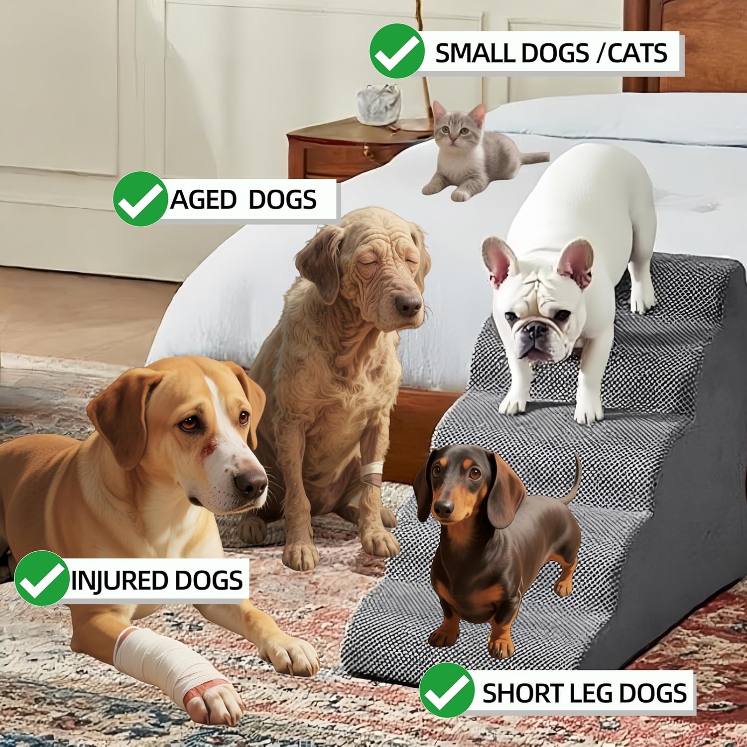 5 Step Pet Stairs Ramp for High Beds Sofas 5-30 Inch with Sturdy Non Slip Waterproof Pads, Machine Washable Cover Indoor Balanced Design for Cats Dogs Small Medium Large XL Pets Grey (Grey, Large, 1) - Image 4
