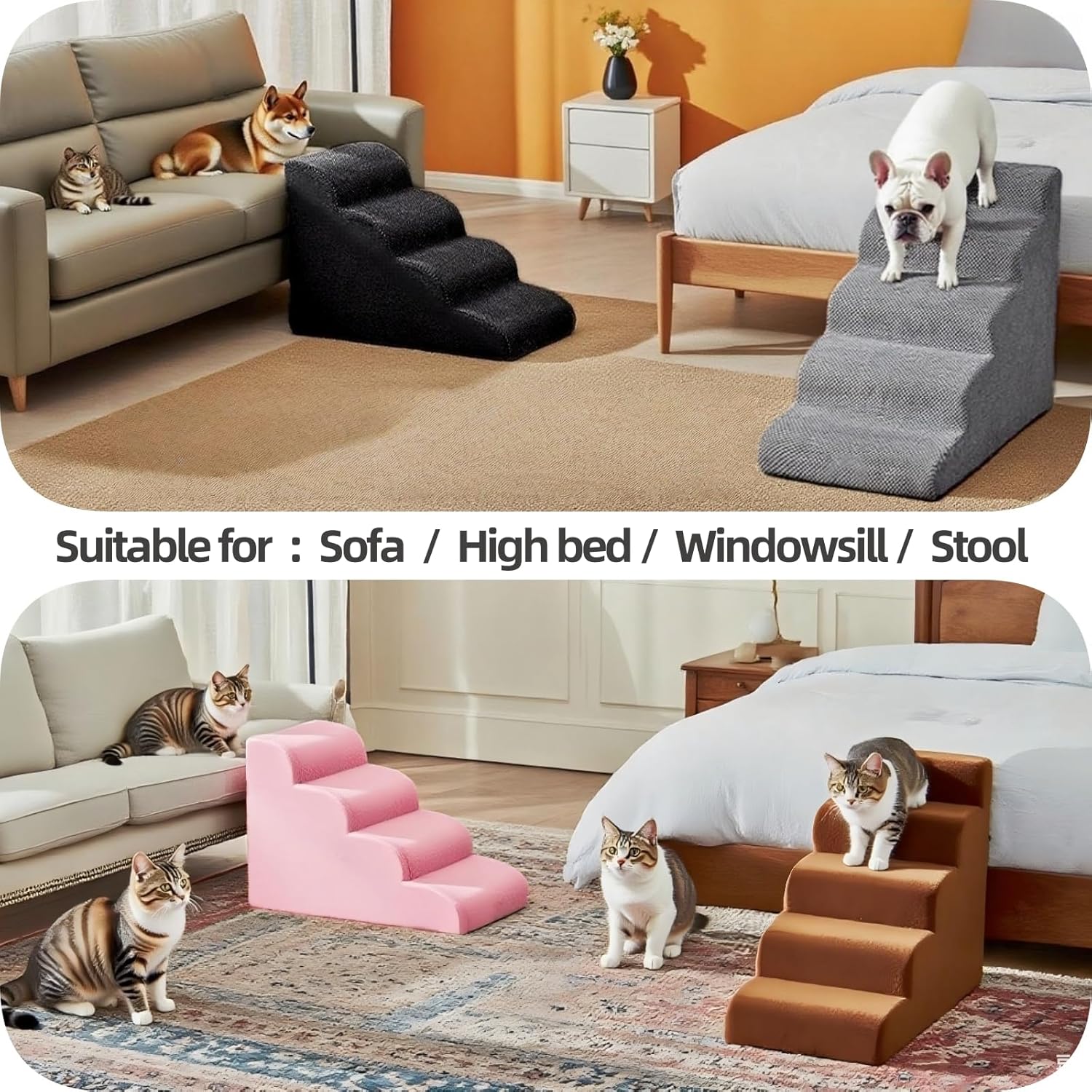 5 Step Pet Stairs Ramp for High Beds Sofas 5-30 Inch with Sturdy Non Slip Waterproof Pads, Machine Washable Cover Indoor Balanced Design for Cats Dogs Small Medium Large XL Pets Grey (Grey, Large, 1) - Image 6