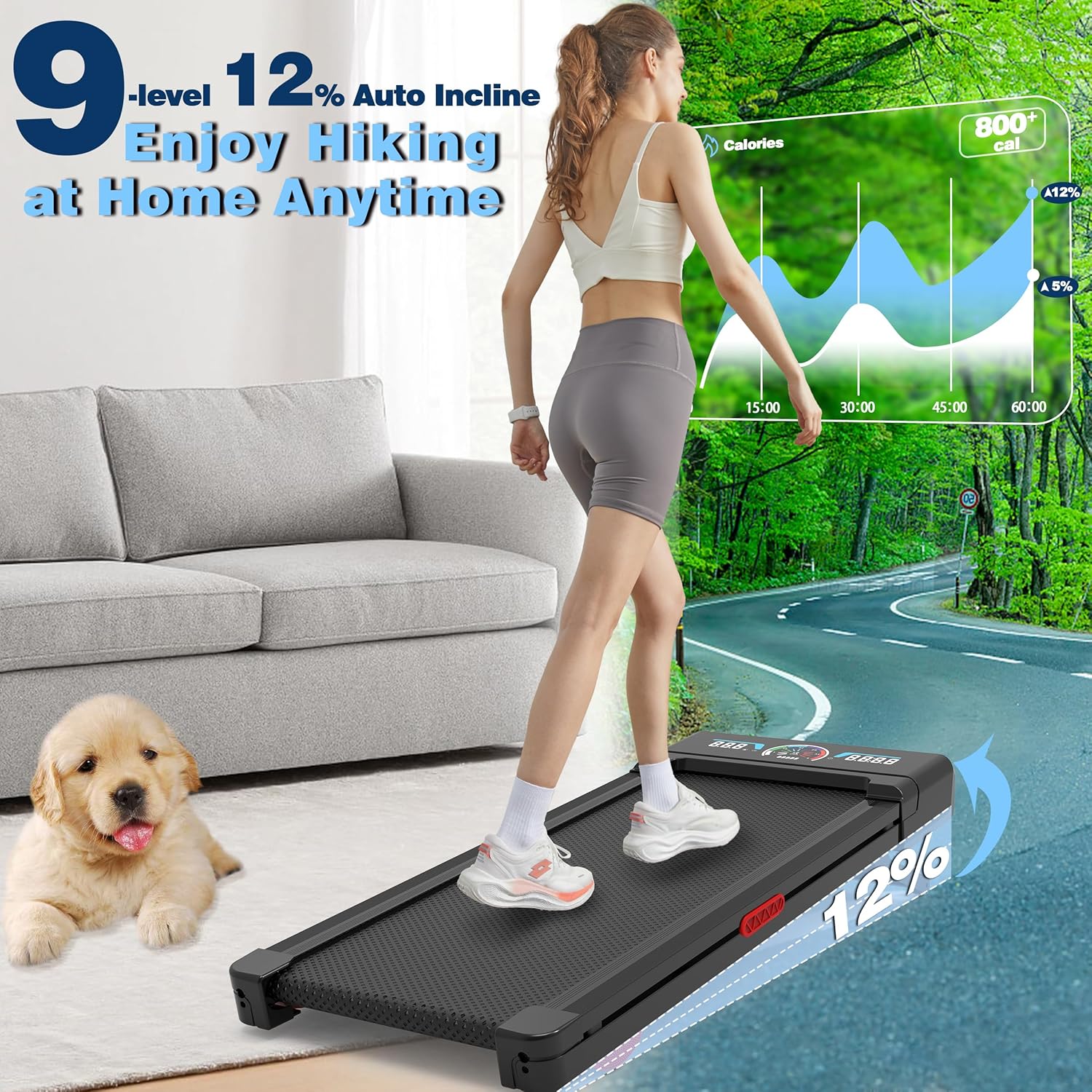Walking Pad Treadmill with Incline, Under Desk Treadmill with Incline, Compact & Portable Treadmills for Home Small/Office, Grey - Image 2