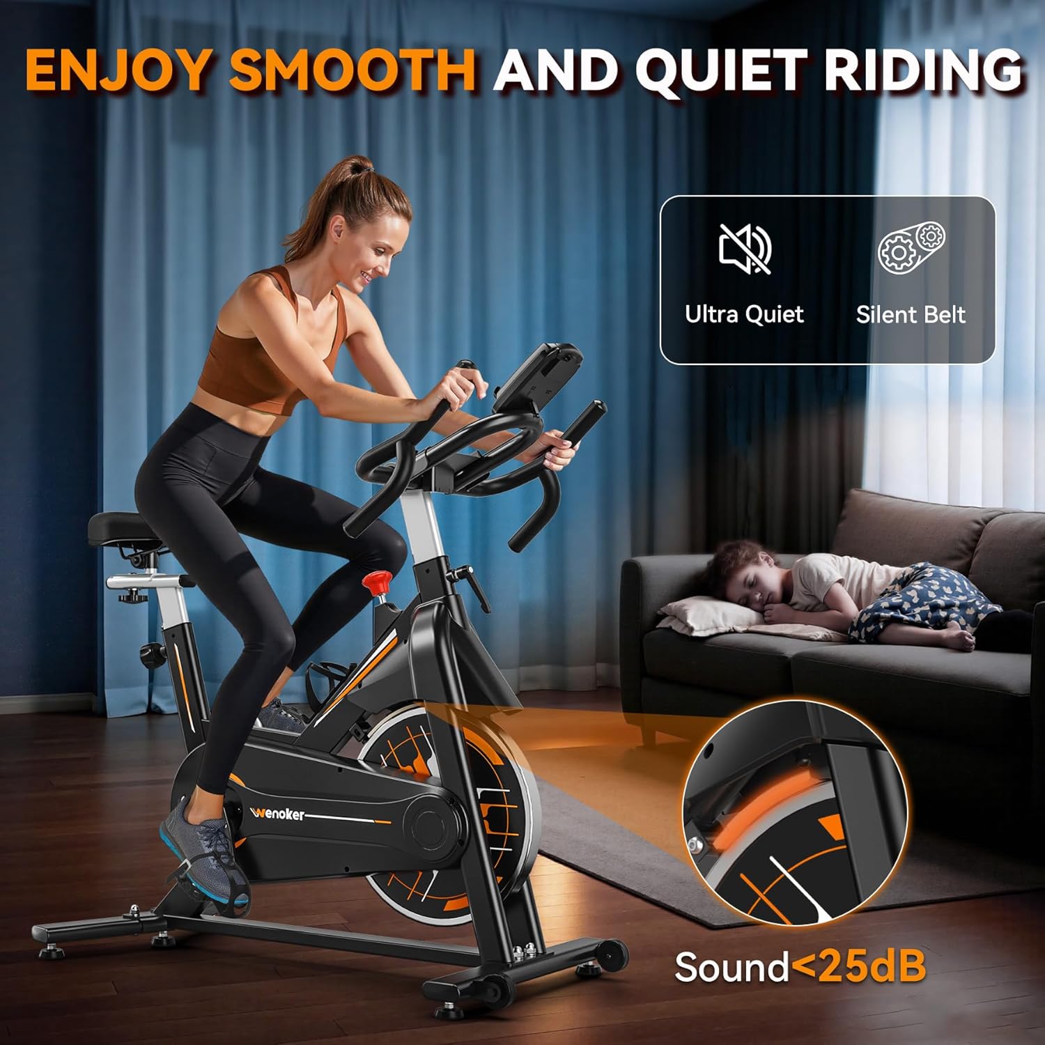 Exercise Bike, Wenoker Stationary Bike for Home, App Supported Indoor Bike with Silent Belt Drive, Heavy Flywheel, Multi-grips Handlebar and Upgraded Digital Display - Image 4