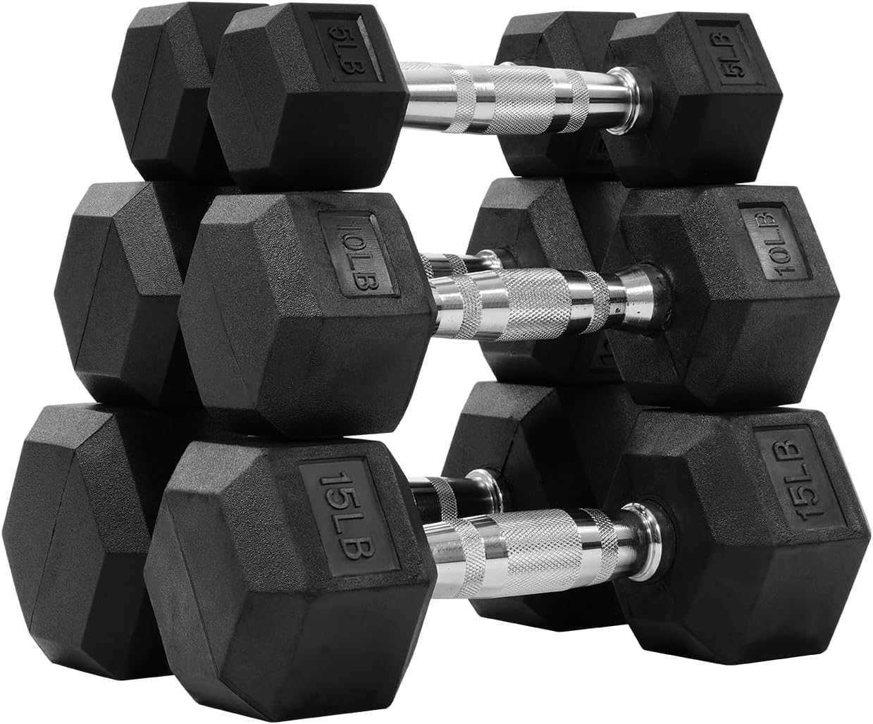 Hex Dumbbells Rubber Coated Hand Weights Set for Exercises and Fitness, Including 5lb, 10lb, 15lb Pair Set