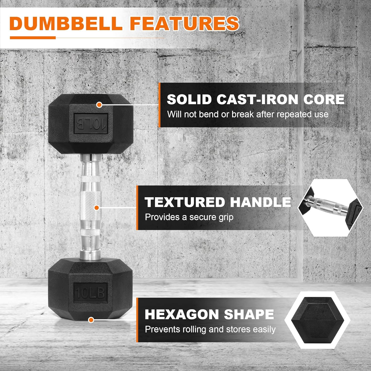 Hex Dumbbells Rubber Coated Hand Weights Set for Exercises and Fitness, Including 5lb, 10lb, 15lb Pair Set - Image 3