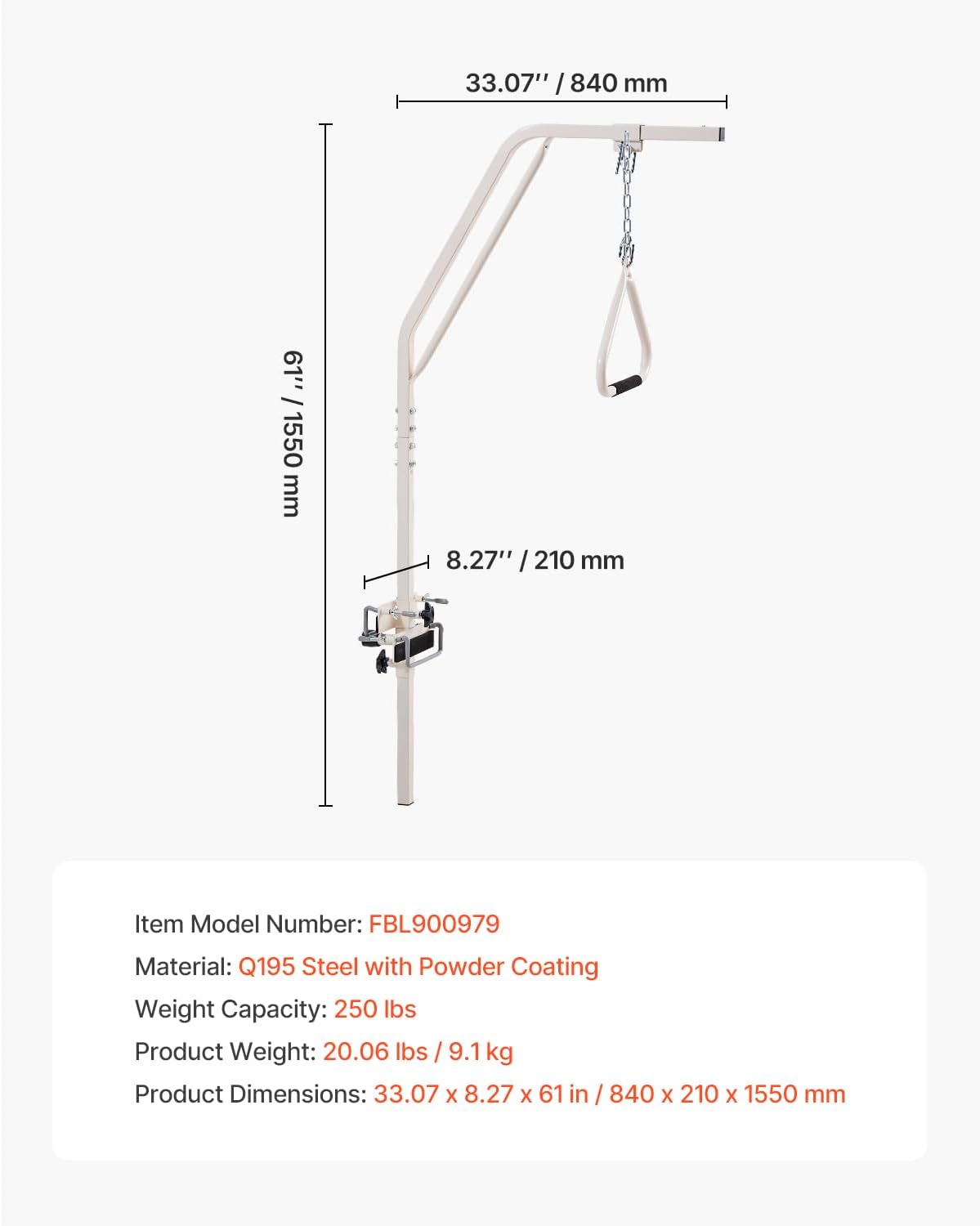 VEVOR Trapeze Bar for Bed Mobility, Medical Bed Trapeze with Clamps & Metal Chain, 250LBS Weight Capacity Beds Pull Up Assist for Elderly & Disabled, Ideal for Home Care, Hospitals, Nursing Homes - Image 7