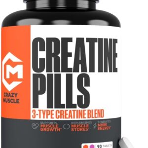 Crazy Muscle Creatine Pills, 5g 3X Pure Creatine Monohydrate, Pre Workout Bulk Muscle Mass Gainer, High Absorption Easy to Take ThreeAtine 3 Type Optimum Performance for Lean Growth, 90 Tablets
