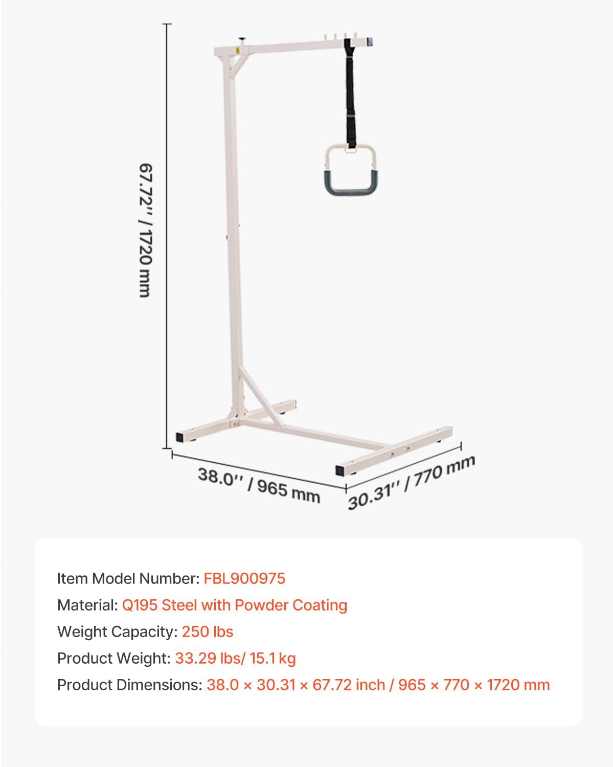 VEVOR Trapeze Bar for Bed Mobility, Heavy-Duty Steel Free Standing Trapeze Bar 250 LBS Weight Capacity, Hospital Bed Pull Up Assist for Elderly & Disabled, Ideal for Hospitals, Nursing Home, Home Care - Image 7