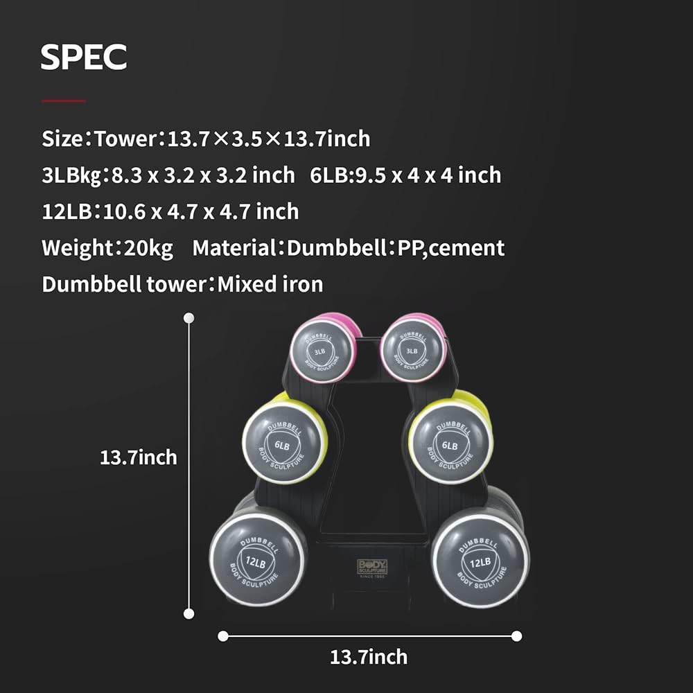 hand weights set Free‑Weight Dumbbell Set with Rack Set includes 3, 6 and 12 lb weights ideal for men and women for small and large muscle groups - Image 6