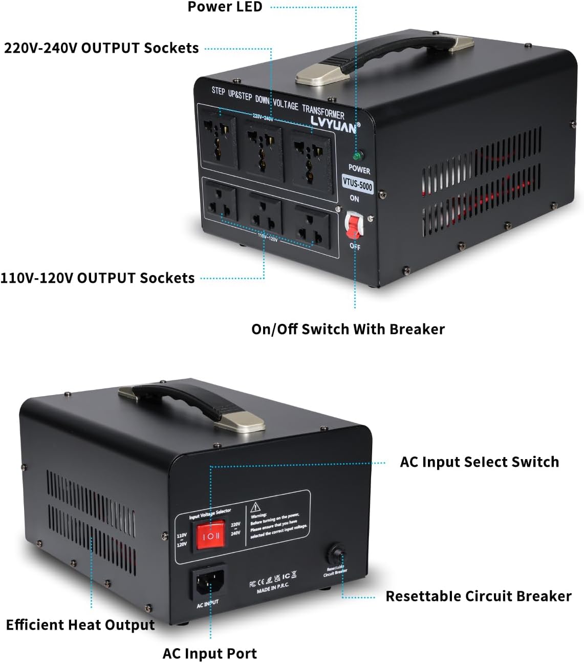 LVYUAN 5000 Watt Voltage Converter Transformer Heavy Duty Step Up/Down AC 110V/120V/220V/240V Power Converter with 3 US Outlets, 3 Universal Outlets, Resettable Circuit Breaker Protection - Image 2