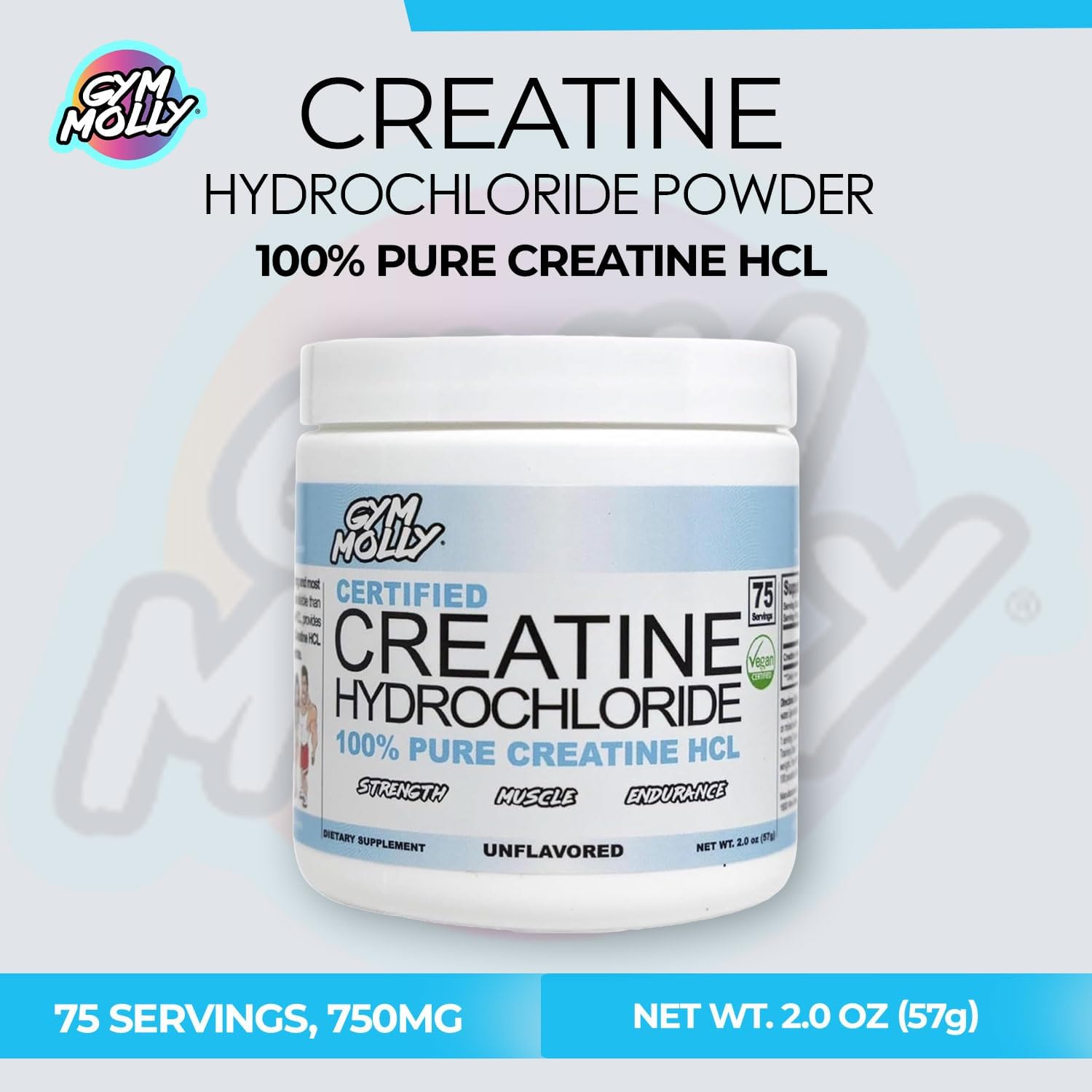 Gym Molly Creatine Hydrochloride Powder, Highly Soluble Creatine Hydrochloride, Unflavoured, Vegan, Workout Supplement for Men and Women, Muscle Builder Creatine Supplement (75 Servings, 750mg) - Image 2