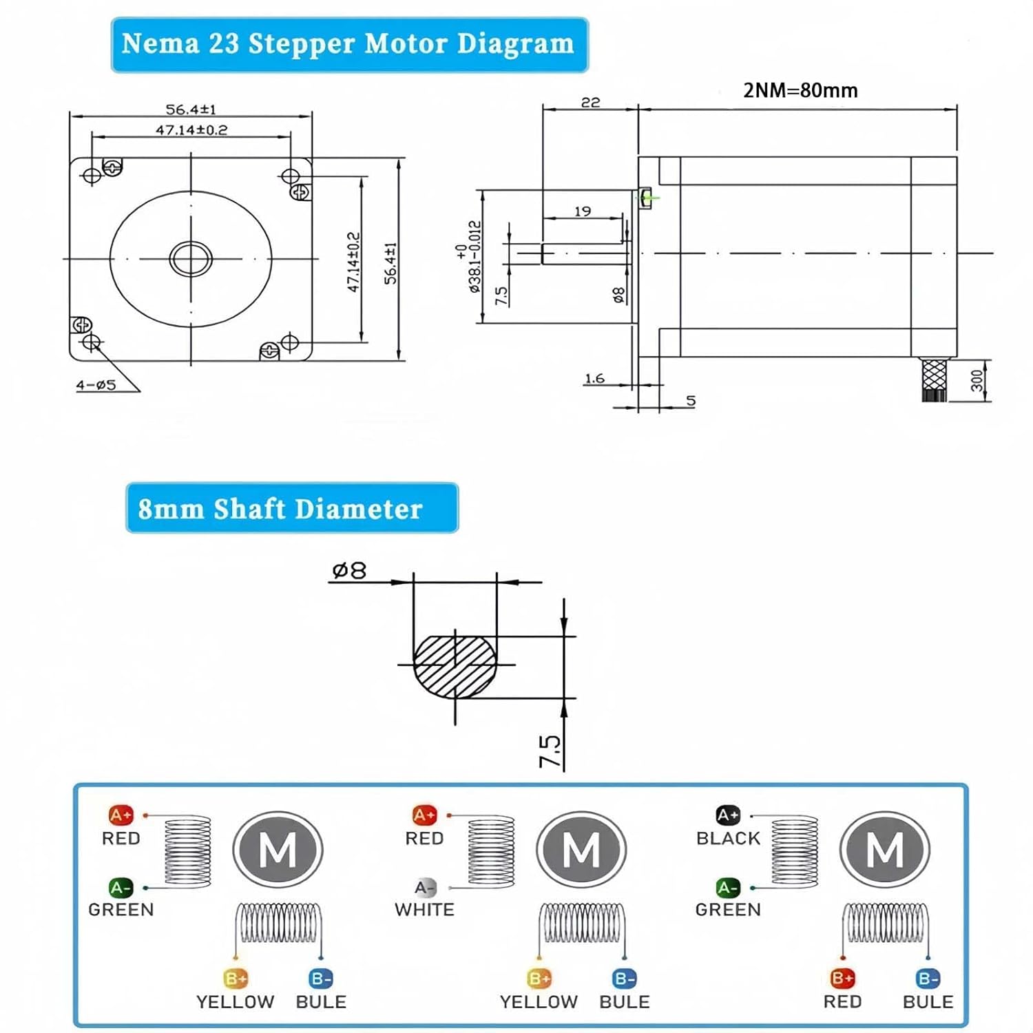 Nema23 57mm Stepper Motor 2Nm/285oz.in 3A 8mm Shaft 2-Phase 4-Lead Wire Nema 23 Step Motors 1.8 Stepper Angle Stepping Motor for CNC 3D Printer Lathe Milling Machine Robotics - Image 2