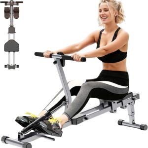 Home Folding Rowing Machine,Hydraulic Rowing Machine,Dual Tracks for Quieter,300LBS Weight Capacity with 12 Levels of Adjustable Resistance,LCD Display for Real-time Recording for Indoor Fitness