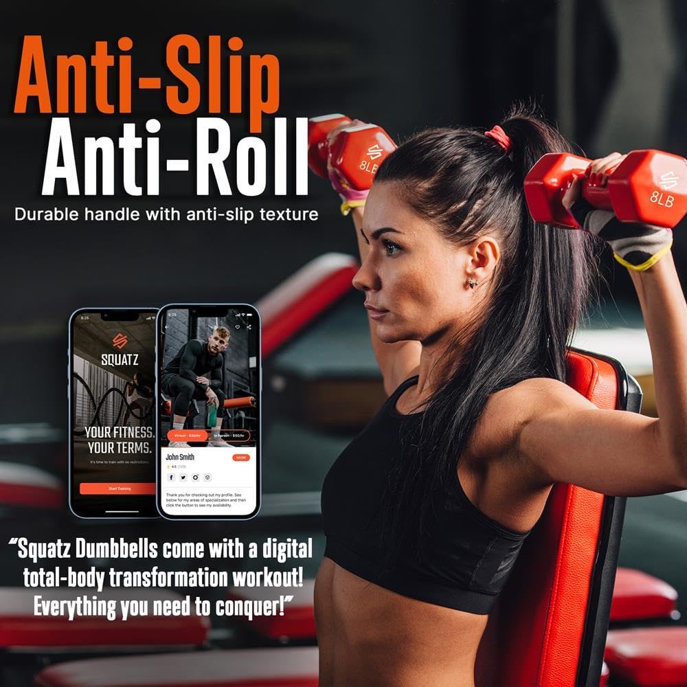 SQUATZ Dumbbell Weights Set with Stand, 32/20 Lbs Neoprene Coated Weights in Color Gray, Black, and Orange, Hex Shape Anti Slip and Roll Dumbbells for Exercise,Training, Fitness, Yoga for Men & Women - Image 3