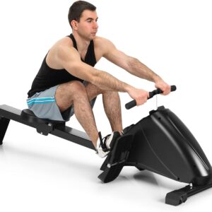 Goplus Magnetic Rowing Machine Foldable Exercise Rower with 10-Level Tension Resistance System, LCD Monitor, Transport Wheels, Full Body Exercise for Home