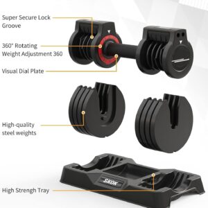 SKOK 25/55 lbs Pair Adjustable Dumbbells Set, Adjustable Weights Dumbbells Set for Men and Women with Anti-Slip Fast Adjust Weight by Turning Handle,Black Dumbbell with Tray