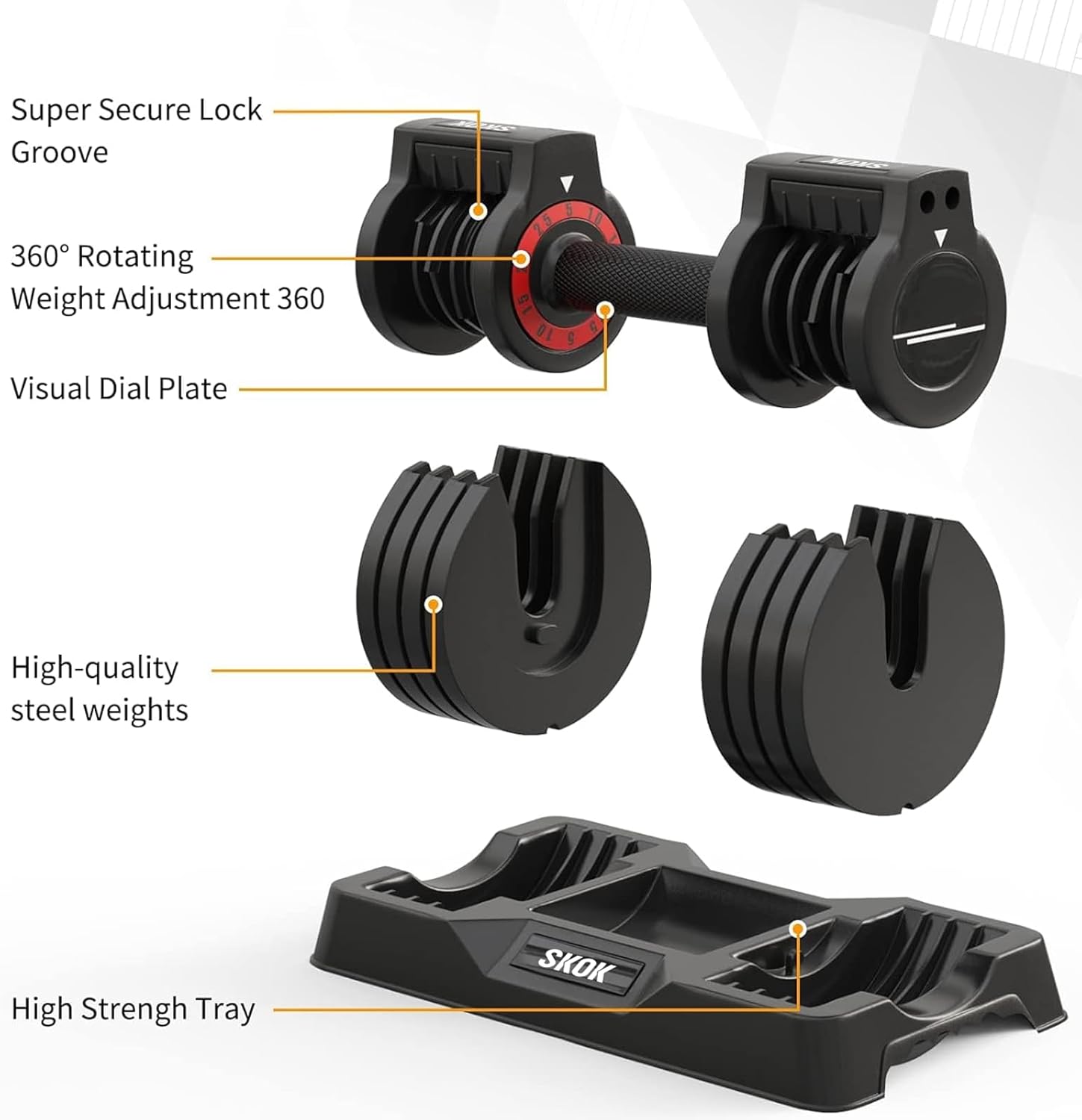 SKOK 25/55 lbs Pair Adjustable Dumbbells Set, Adjustable Weights Dumbbells Set for Men and Women with Anti-Slip Fast Adjust Weight by Turning Handle,Black Dumbbell with Tray - Image 2