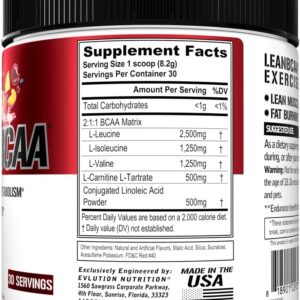 Evlution Stimulant Free Lean BCAA Powder Nutrition BCAAs Amino Acids Powder with CLA Carnitine and 2:1:1 Branched Chain Amino Acids Supports Muscle Recovery Fat Burn and Metabolism – Fruit Punch
