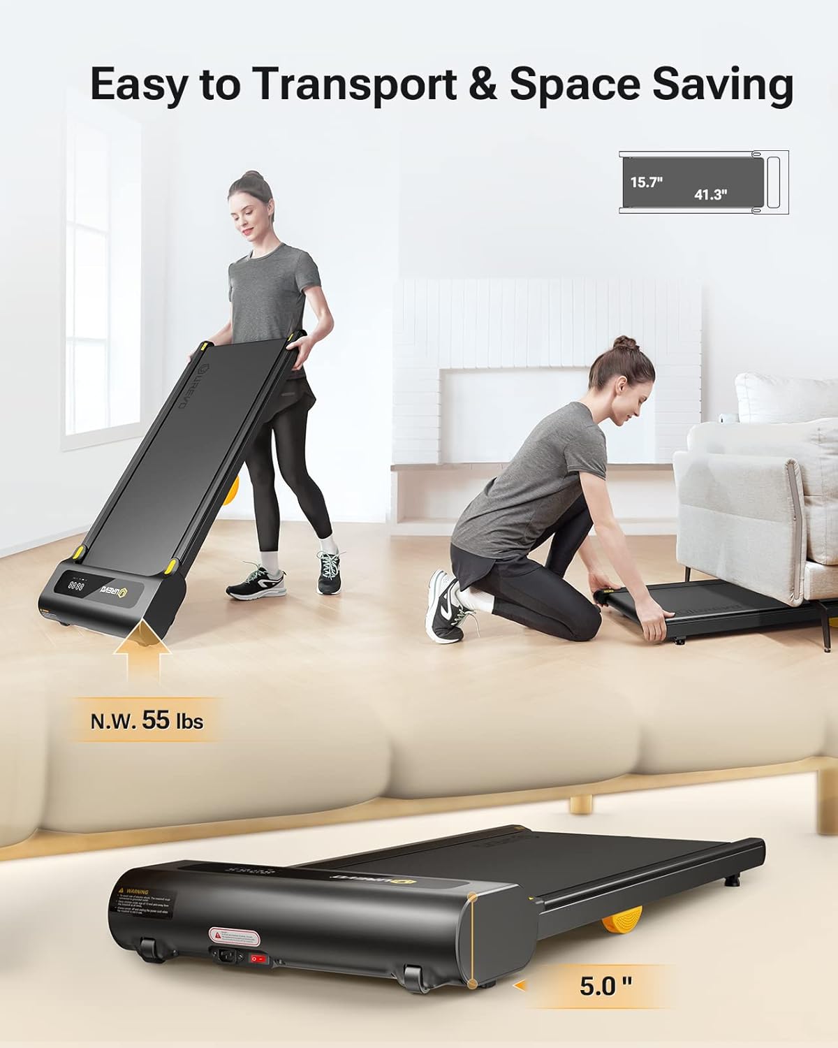 UREVO Walking Pad, Under Desk Treadmill for Home/Office, Portable Walking Treadmill 2.25HP, Walking Jogging Machine with APP 265 lbs Weight Capacity Remote Control LED Display - Image 4