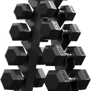 PAPABABE Hex Dumbbell Sets with Rack, 60-550lb Rubber Coated Dumbbell Weight Set and Storage Rack, Multiple Options Hand Weights for Strength Training