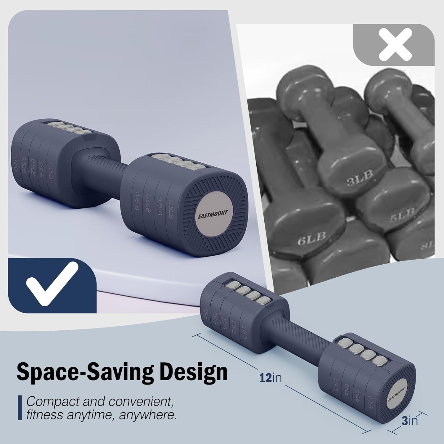 EAST MOUNT Adjustable Weight Dumbbells Set of 2, 8 in 1 Hand Weights for Women 2lb/3lb/4lb/5lb/6lb Dumbbell Weights Set 12 lbs/Pair Hand Weights for Home Office Gym Workout - Image 7