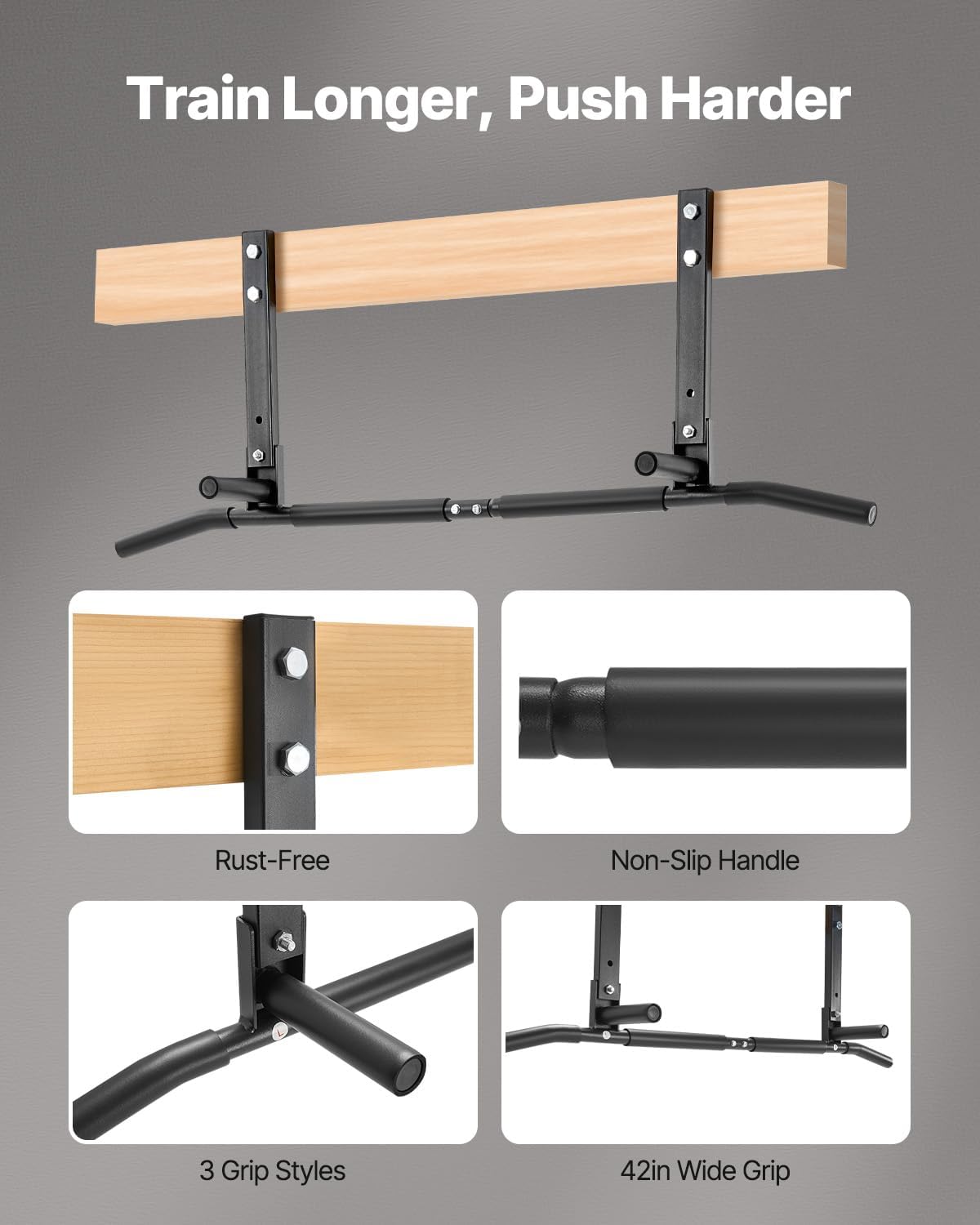VEVOR Joist Mount Pull Up Bar, Ceiling Mounted Chin Up Bar for Home Gym, Multi-Grip Pull Ups, 42 in Width Multifunctional Training Station, Heavy Duty Steel Upper Body Workout Bars, 440 lbs Capacity - Image 4