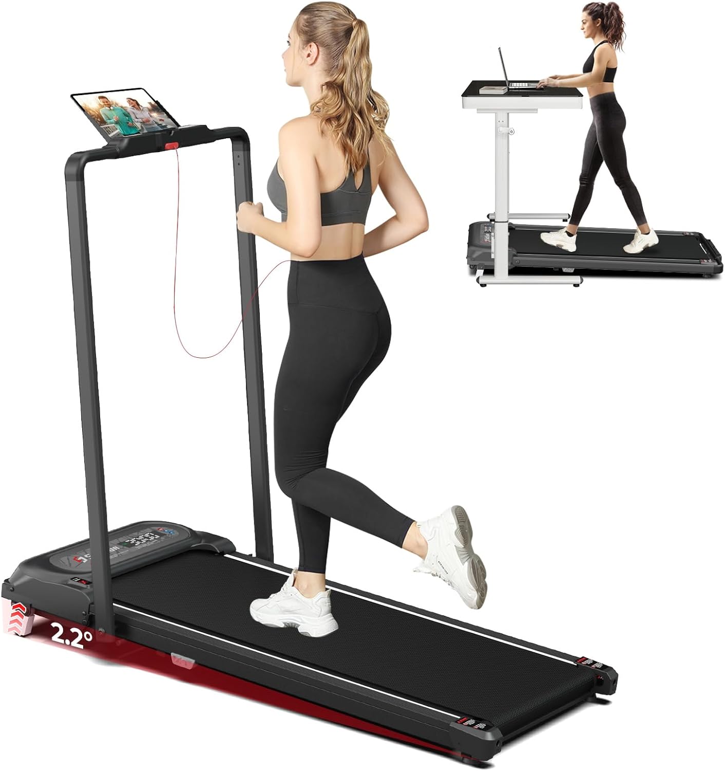 SubSunFolding Treadmill, Walking Pad with Handle, Under Desk Portable Treadmill for Home, Black/White