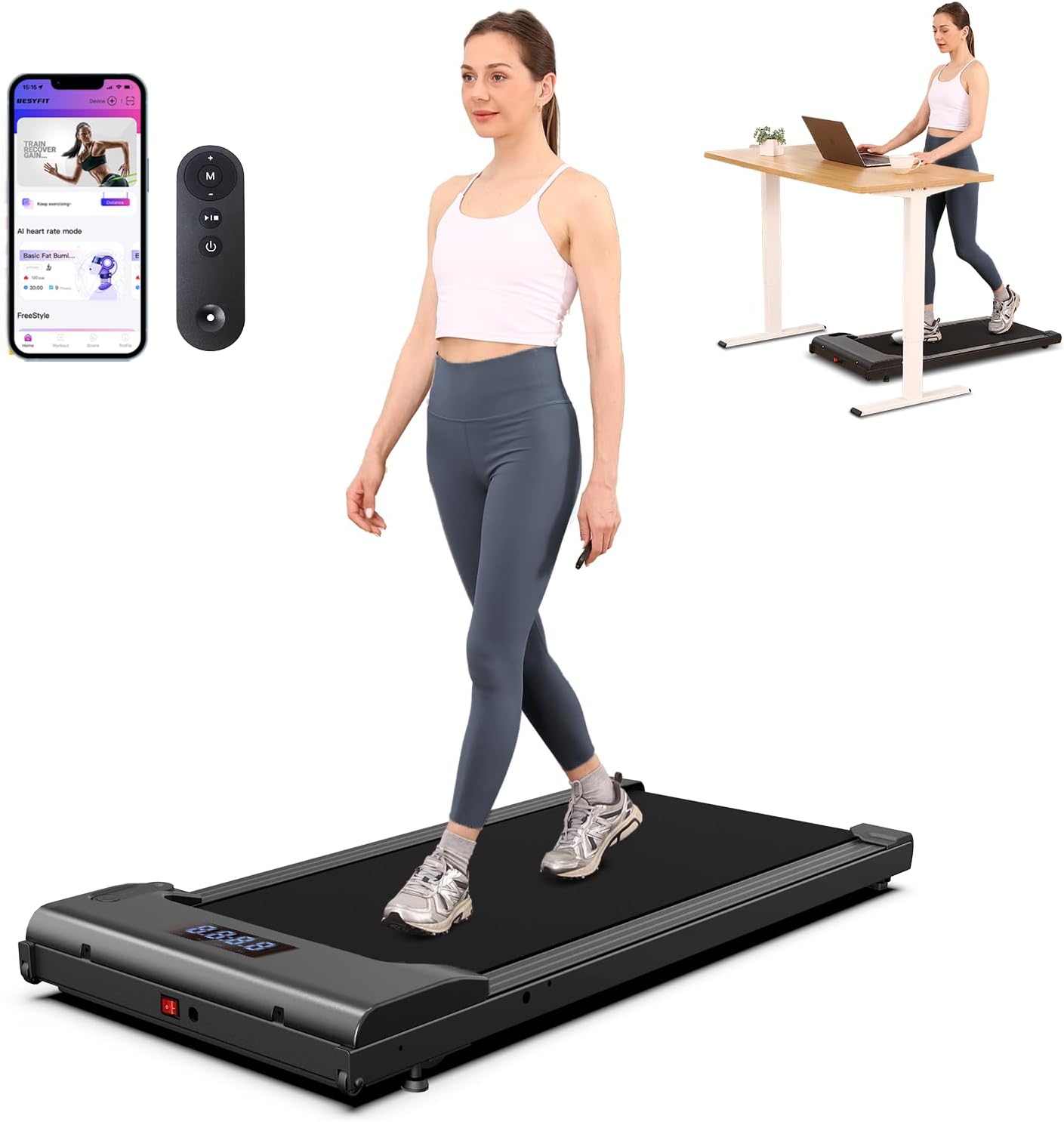 Lichico Walking Pad Under Desk Treadmill,Portable Small Treadmills for Home and Office,Super Quiet Brushless Motorized Walking Jogging Running Machine with Remote Control