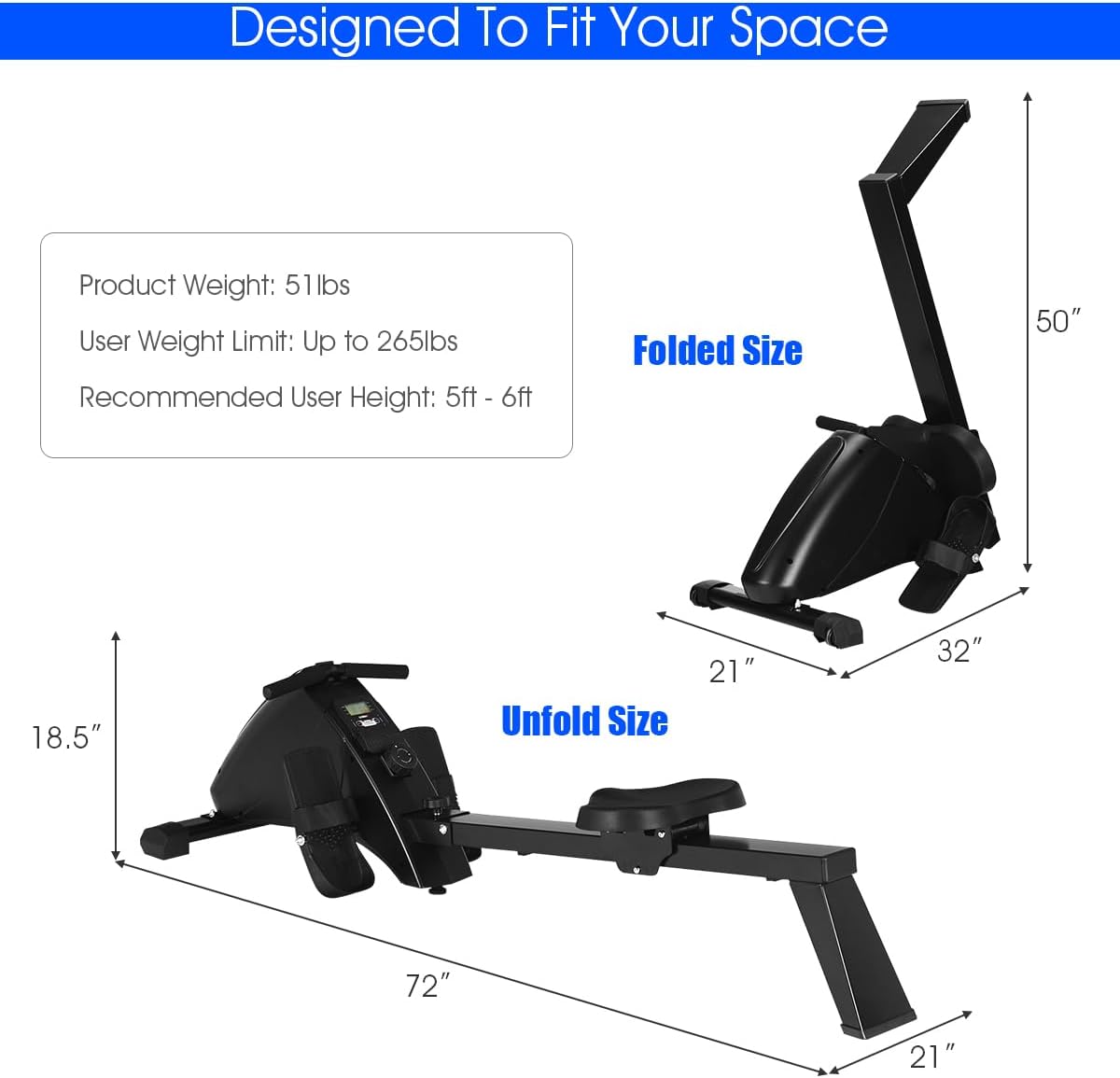 Goplus Magnetic Rowing Machine Foldable Exercise Rower with 10-Level Tension Resistance System, LCD Monitor, Transport Wheels, Full Body Exercise for Home - Image 7