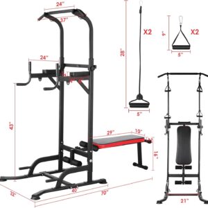 Arlopu Power Tower with Bench, Pull Up Bar Stand, Dip Bar w/Folding Bench 4 Ropes Strength Training, Multi-Function Fitness Equipment for Home Gym, Adjustable Heights and Angles Dip Station, 400LBS