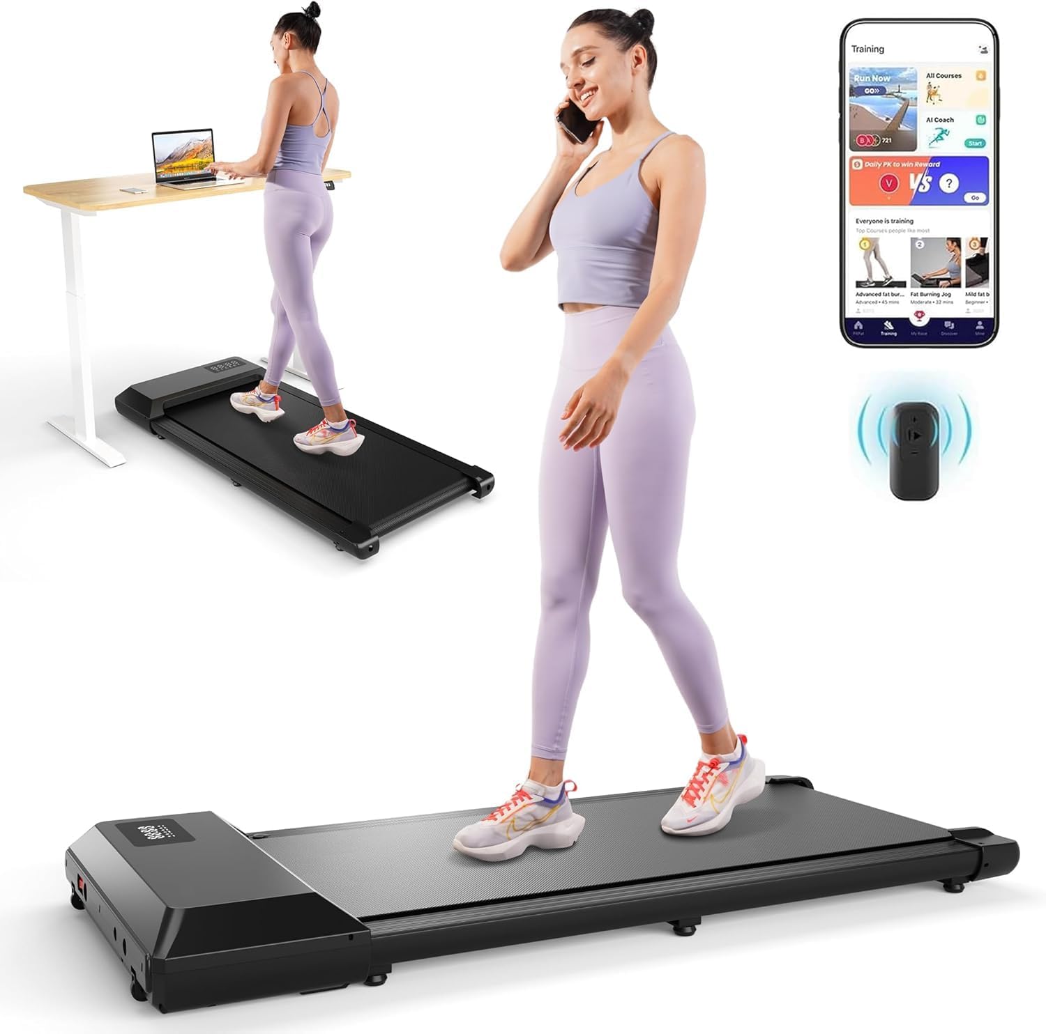 DeerRun Walking Pad 2 in 1 Under Desk Treadmill, 2.5HP Low Noise Walking Pad Running Jogging Machine with Remote Control for Home Office, Lightweight Portable Desk Treadmill Installation Free