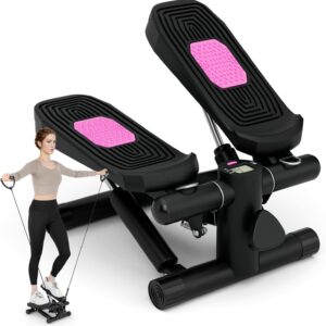 GYMAX Steppers for Exercise at Home, Hydraulic Mini Stair Stepper with Resistance Bands & LCD Monitor, Portable Under Desk Cardio Equipment Step Machine for Home Gym