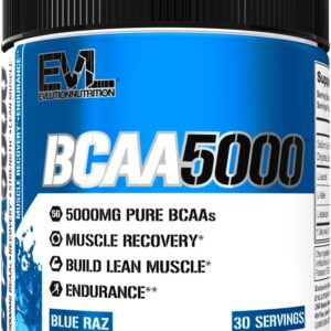 Evlution EVL BCAAs Amino Acids Powder – BCAA Powder Post Workout Recovery Drink and Stim Free Pre Workout Energy – 5g Branched Chain Amino Acids Supplement for Men – Blue Raz