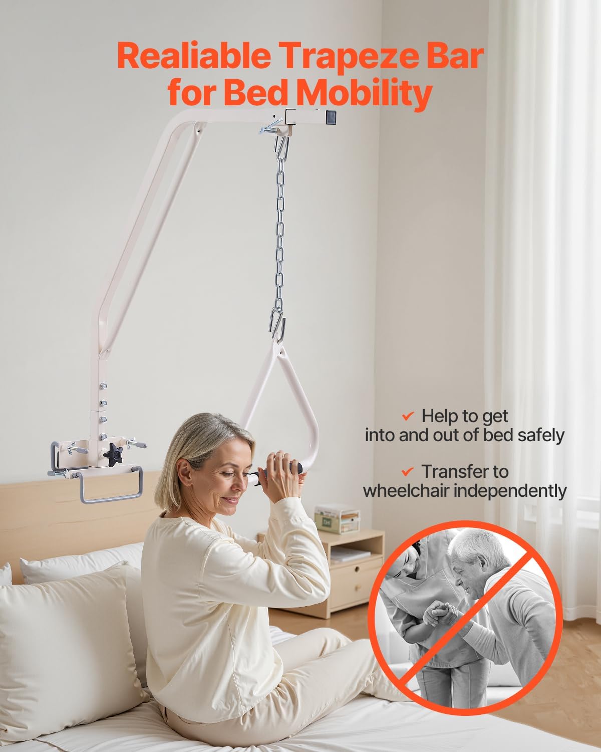 VEVOR Trapeze Bar for Bed Mobility, Medical Bed Trapeze with Clamps & Metal Chain, 250LBS Weight Capacity Beds Pull Up Assist for Elderly & Disabled, Ideal for Home Care, Hospitals, Nursing Homes - Image 3
