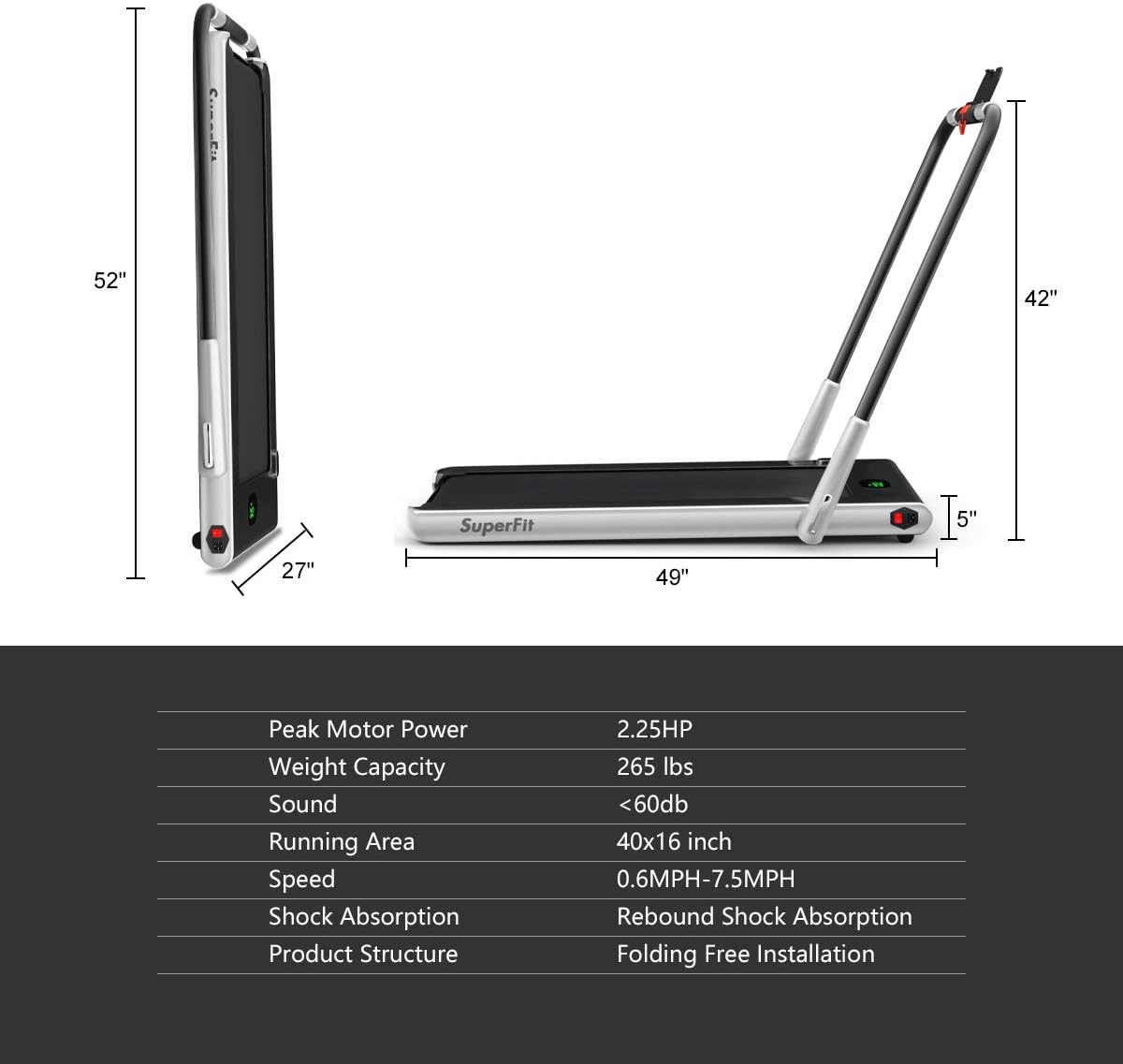 GYMAX Walking Pad, 2 in 1 Free Installation Under Desk Treadmill with Smart App, Remote Control & LED Display, 2.25HP Foldable Portable Compact Running Machine for Small Spaces Home Office - Image 7