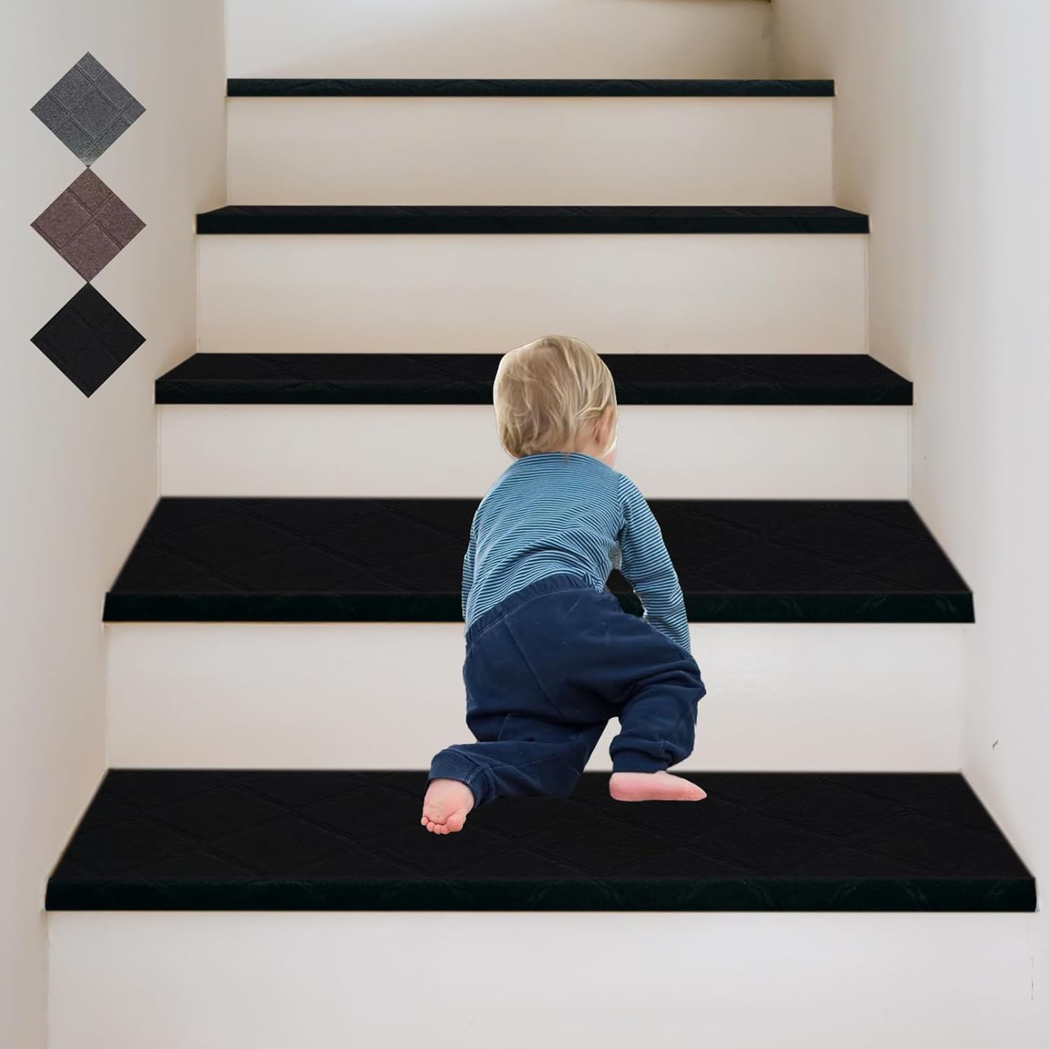9"X36" Bullnose Stair Treads Carpet Non-Slip for Wooden Steps Indoor, Machine Washable and Reusable with Tape Free Self-Adhesive Back for Pets, Set of 15, Black - Image 2