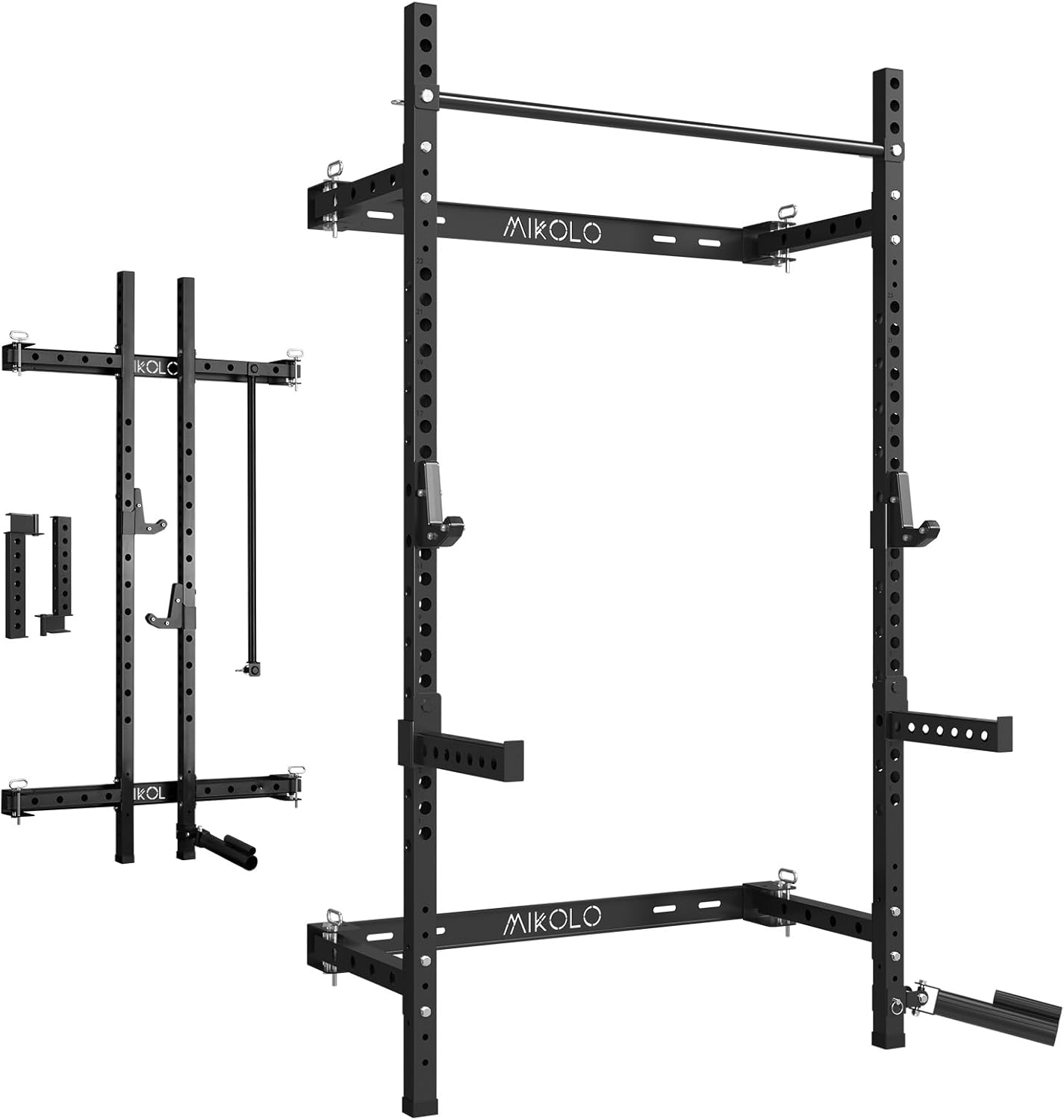 Mikolo 2" x 2" Folding Wall Mounted Squat Rack, 1000 Pounds Capacity Power Rack with Pull Up Bar, J Hooks and Other Attachments, Space-Saving Home Gym