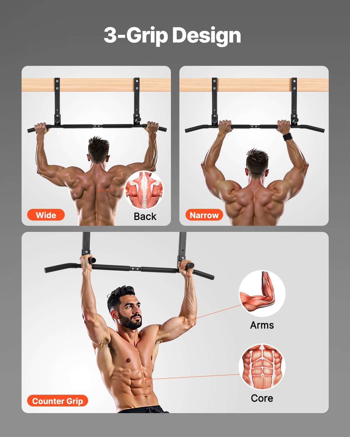 VEVOR Joist Mount Pull Up Bar, Ceiling Mounted Chin Up Bar for Home Gym, Multi-Grip Pull Ups, 42 in Width Multifunctional Training Station, Heavy Duty Steel Upper Body Workout Bars, 440 lbs Capacity - Image 3