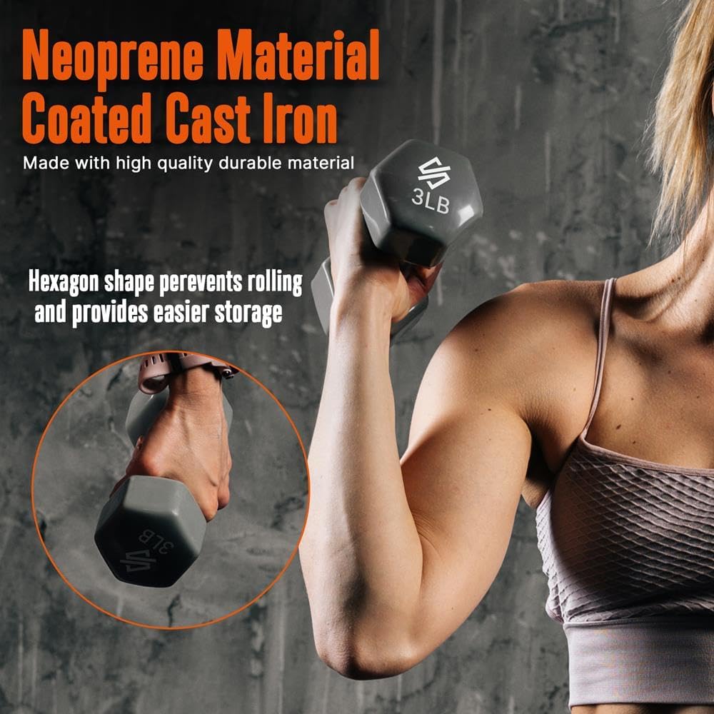 SQUATZ Dumbbell Weights Set with Stand, 32/20 Lbs Neoprene Coated Weights in Color Gray, Black, and Orange, Hex Shape Anti Slip and Roll Dumbbells for Exercise,Training, Fitness, Yoga for Men & Women - Image 6