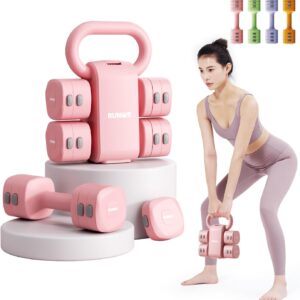 Lightweight Adjustable Dumbbell Kettlebell Set – 4 in 1 Free Weight Set with Kettlebell Grip Converter, Each 2.2 3.3 4.4 5.5lb Quick Change Weight Women Dumbbell Set for Small Spaces Home Gym