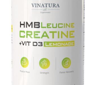HMB Creatine Leucine Powder – 5g Creatine Monohydrate, 3g HMB Supplement, 3g L-Leucine – Vitamin D3, Vegan Lemonade Flavor, Muscle & Strength Support – 30 Servings