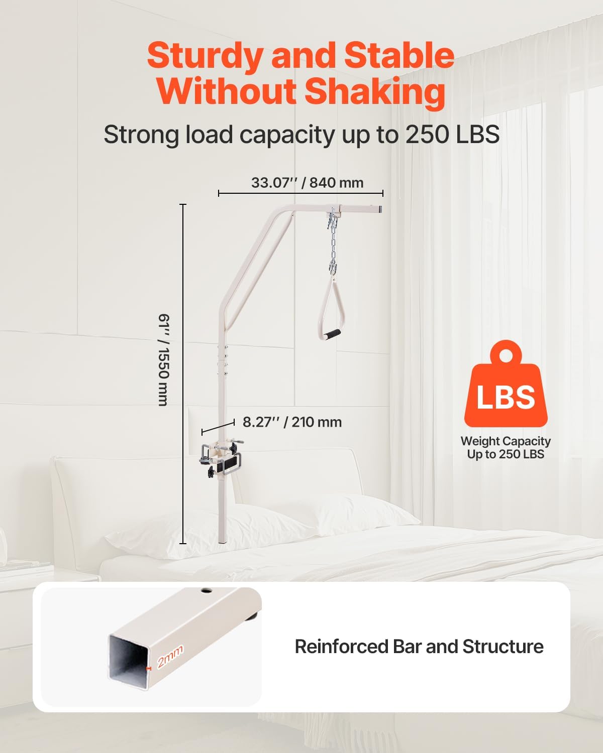 VEVOR Trapeze Bar for Bed Mobility, Medical Bed Trapeze with Clamps & Metal Chain, 250LBS Weight Capacity Beds Pull Up Assist for Elderly & Disabled, Ideal for Home Care, Hospitals, Nursing Homes - Image 2