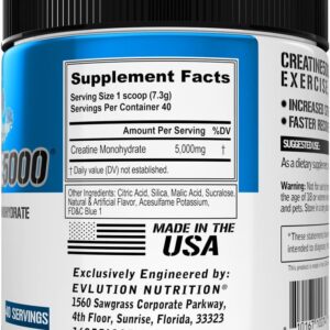 Evlution Nutrition Creatine 5000 – Supports Faster Recovery, Lean Muscle Growth & Performance – Pre & Post Workout Powder – 5000mg Pure Creatine Monohydrate Per Serving – 40 Servings – Blue Raz