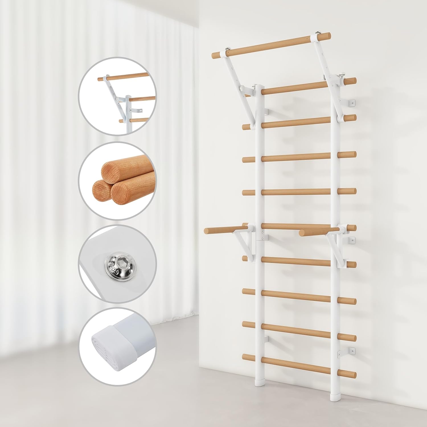 DHT Wood Stall Bar, Swedish Ladder Suspension Trainer with 9 Strategic Rods, for Home, Gym, School and Clinics, White - Image 4