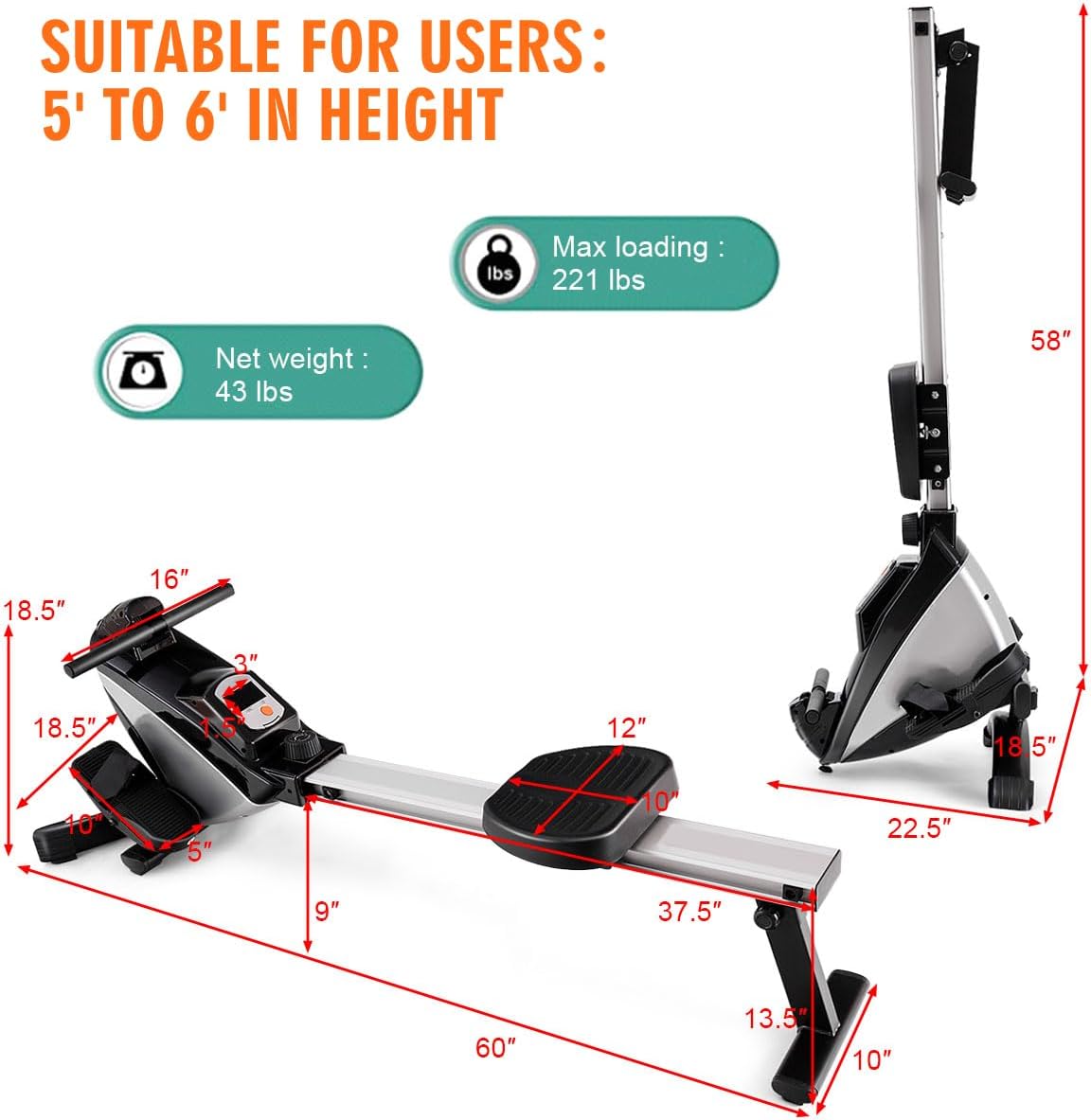 Goplus Folding Rowing Machine,Magnetic Rower with Adjustable Resistance and LCD Display, Exercise Cardio Fitness Equipment for Home Use - Image 7